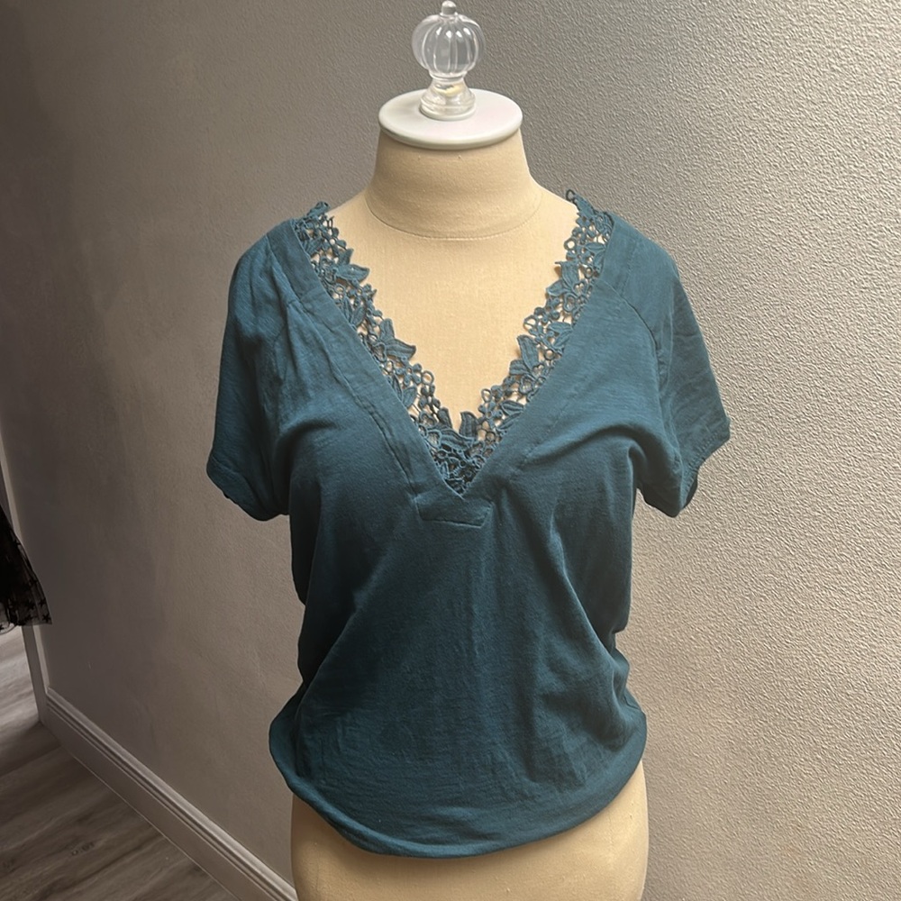 Anthropologie Spruce T-shirt with V-Neck and lace detail by Anthropologie